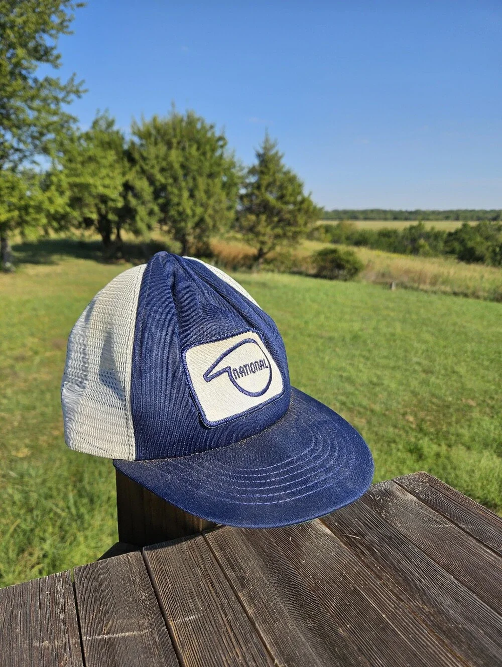 Vtg 1970s National Chemsearch Logo Trucker Hat Snapback Mesh Cap Blue White Retr
